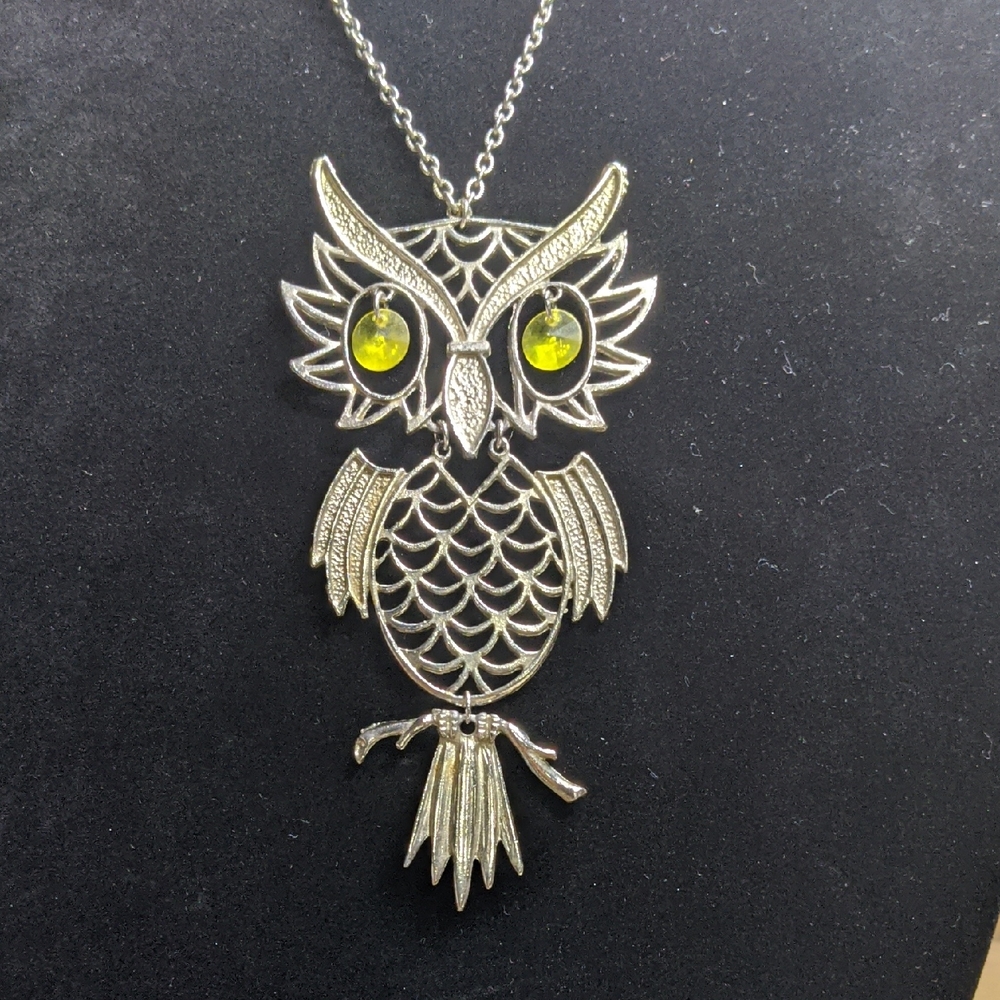 Vintage Articulated Owl, Silver-tone, Yellow Eyes, Unsigned